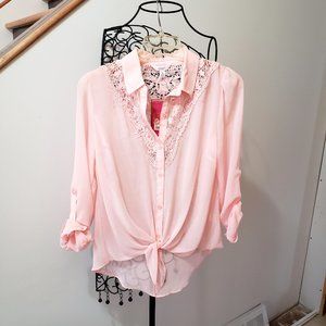 NWT Candie's Bubblegum Pink Blouse Sheer Lace Bodice Size Medium